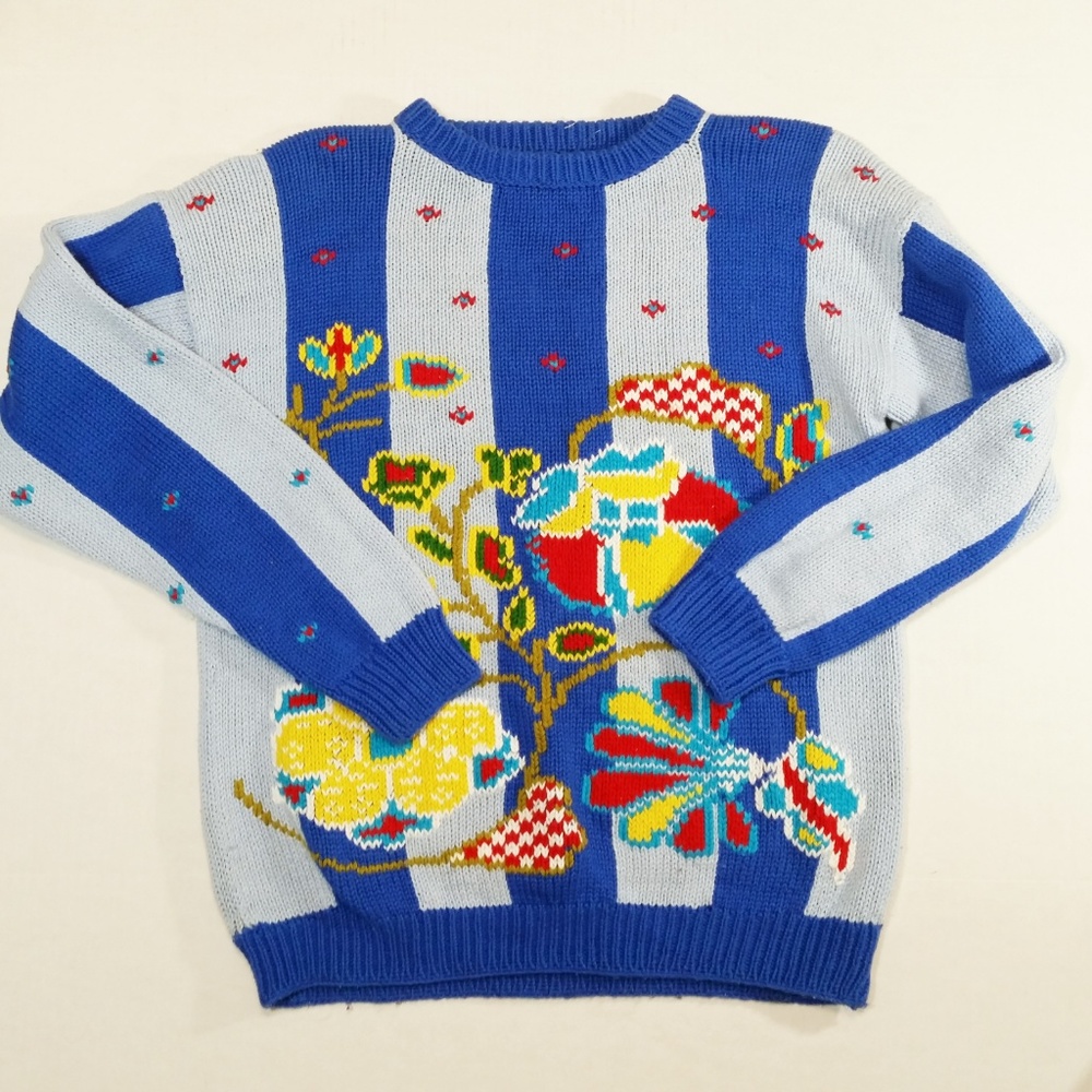 VTG 90s Graphic Sweater Floral Stripes Crew Neck M - Picture 2 of 8